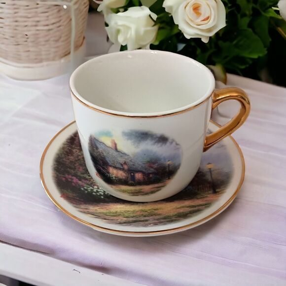 Thomas Kinkade Moonlight Cottage Tea Cup Saucer Vase Teleflora Gold Trim Set - Picture 1 of 16
